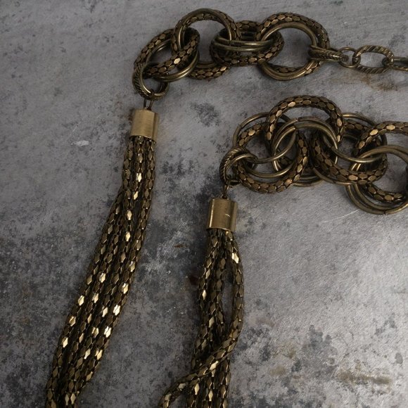 Vintage Boho Bronze Gold Rope Chain Ring Layered Necklace 21" - Picture 2 of 4